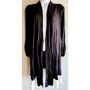 New Directions Black White Lace Trim Hem Open Cardigan XL Lightweight